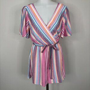 Blue Rain Romper Small Colorful Striped Surplice Neck Low-Back Belted NWT